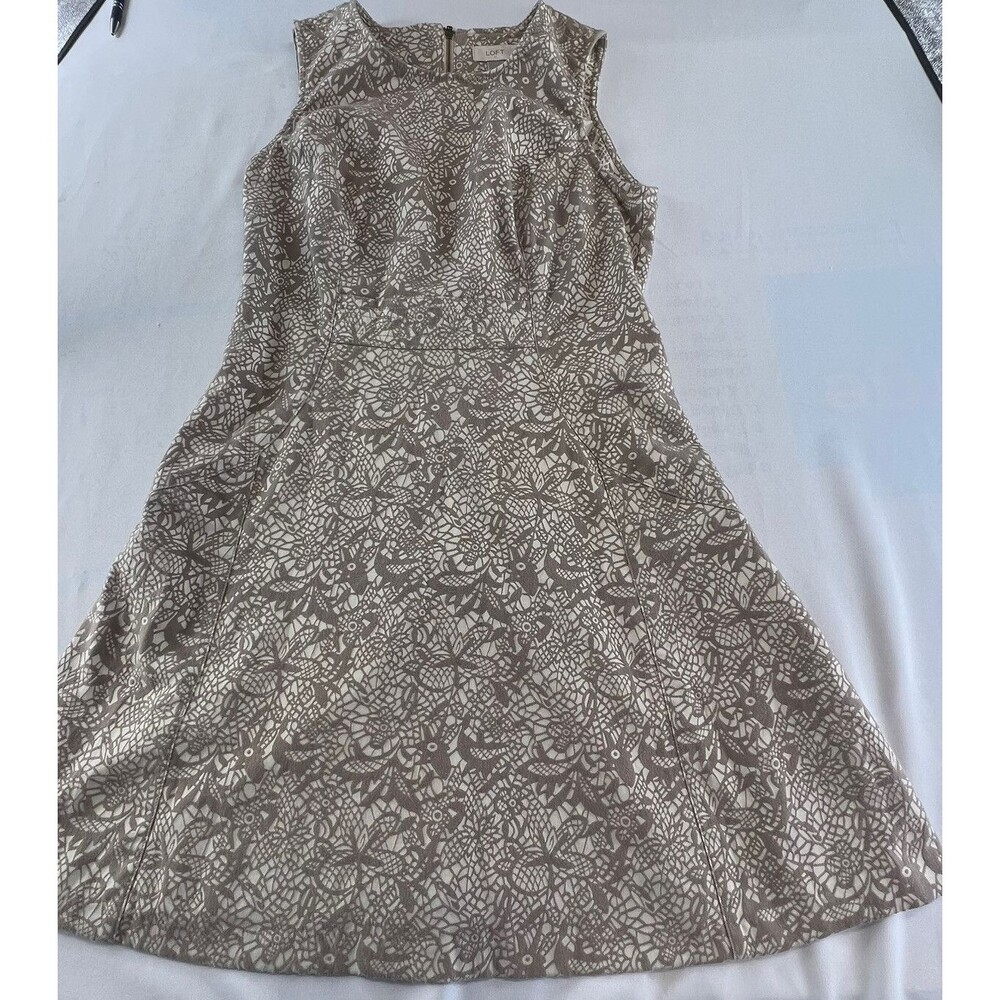 Ann Taylor Loft Womens Size 8 Sleeveless Beige Cream Floral Round Neck Dress